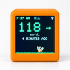 Orange GlycoFox desktop glucose display showing a sample reading and animated fox