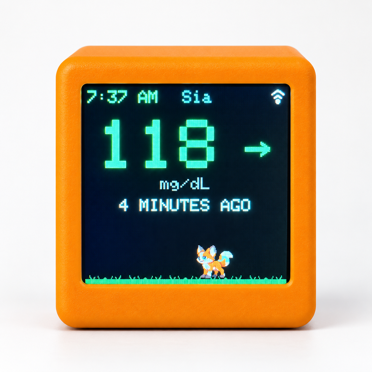 Orange GlycoFox desktop glucose display showing a sample reading and animated fox